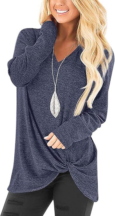 Women's Comfy Casual V Neck T Shirts Long Sleeve Loose Twist Knot Tunic Tops Blouse | Amazon (US)