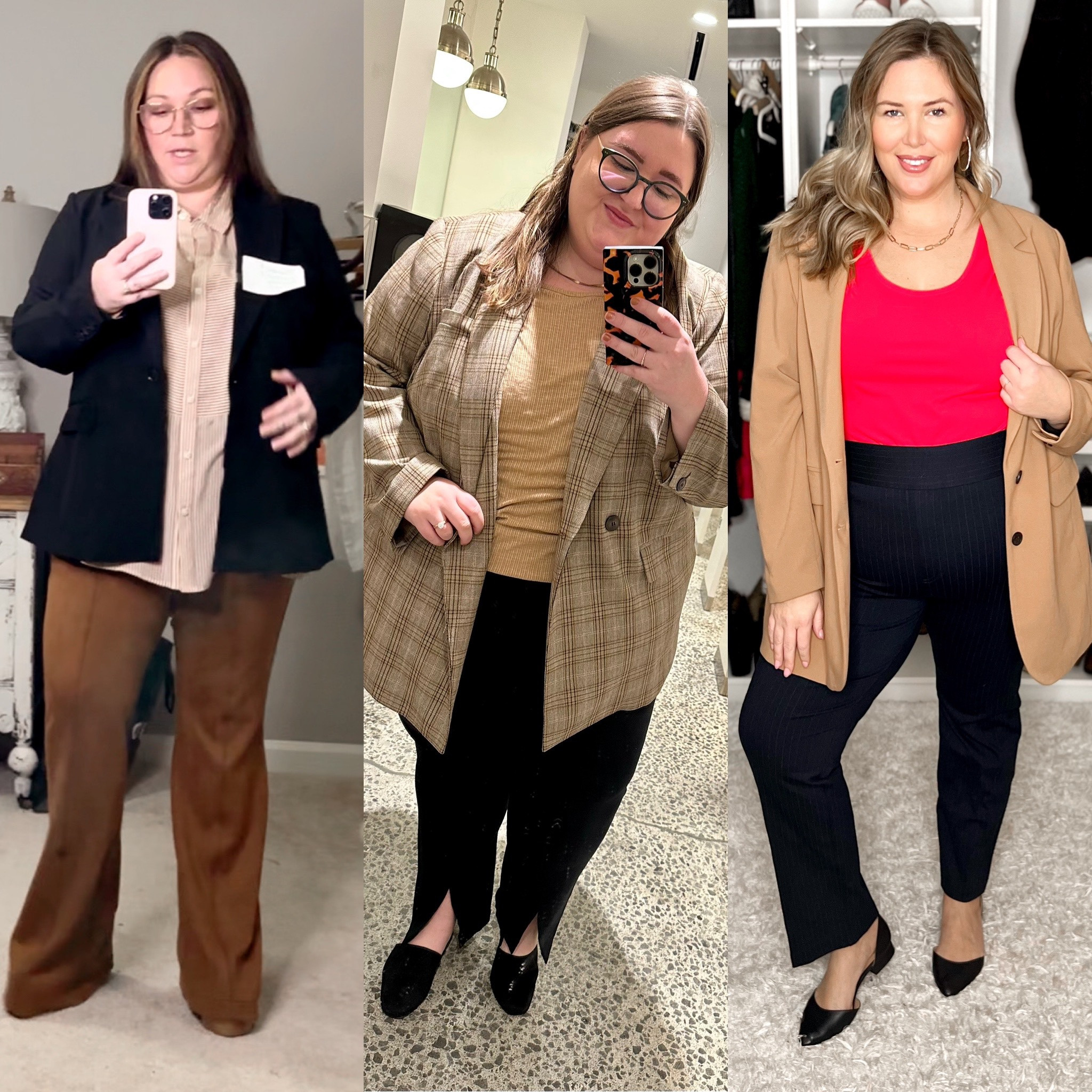 HOD business ladies reporting for duty. 3 great plus size workwear looks on 3 different plus size bodies! Jess is wearing a button-front top (2X) and pair of faux suede flare pants (1X) both from Spanx (use code ASHLEYDXSPANX for a discount on full-priced items), as well as a blazer (16P) from Lane Bryant. Caroline is wearing a pair of pull-on pants (4X) from Target, a ribbed shirt (4X) from Old Navy, a blazer (4X) from Madewell, and a pair of slip-on flats from Target. Ashley is wearing a pair of pinstripe pants (2X) and tank (2X) both from Spanx (use code ASHLEYDXSPANX for a discount on full-priced items) - the tank is this cool moisture-wicking material great for dressing up or wearing for a workout - then added the trusty Eloquii long tailored blazer (20) and a pair of Dream Cloud flats from Lane Bryant. 