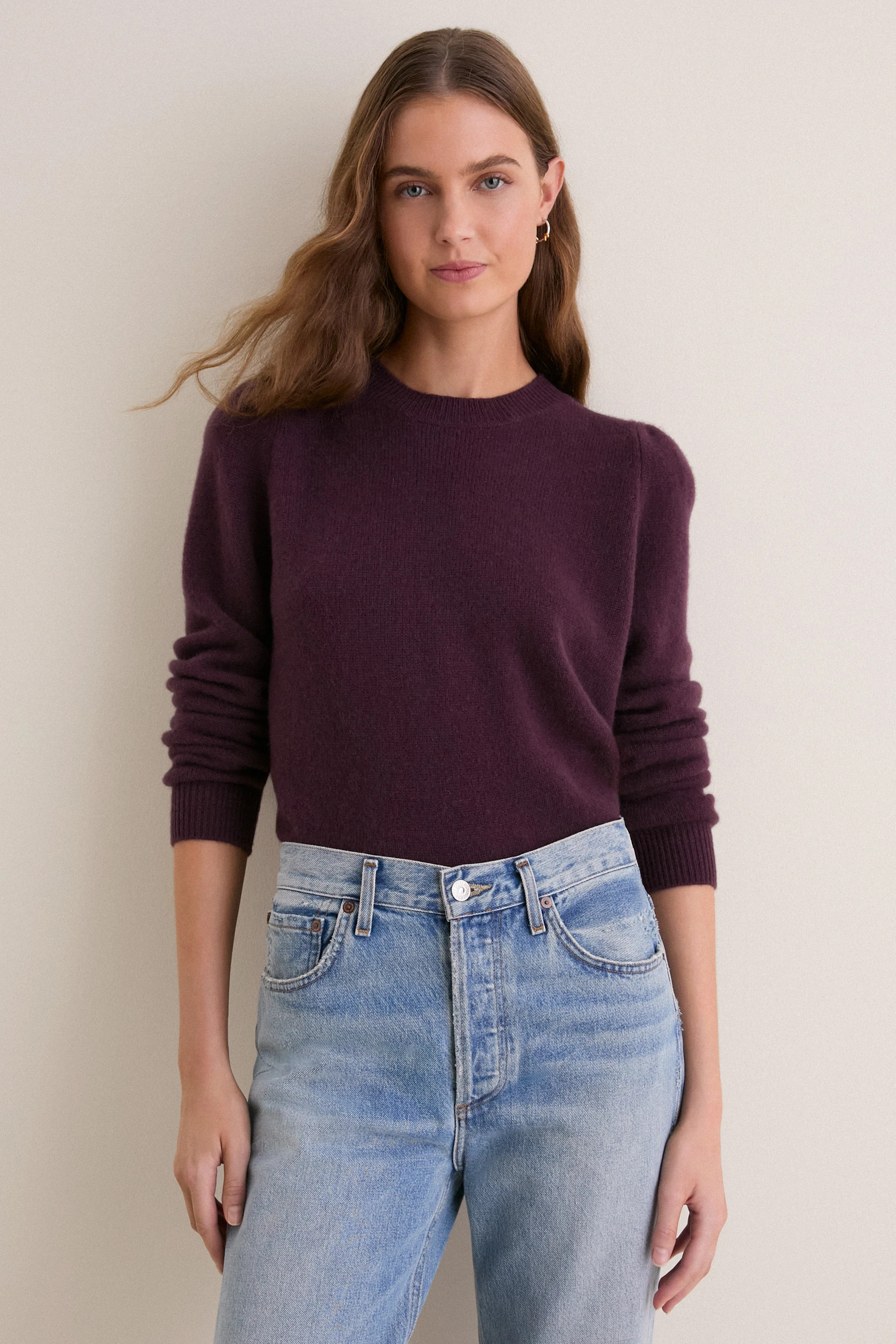 Plum Cashmere Puff Sleeve Macy Crewneck Sweater | Tuckernuck (US)