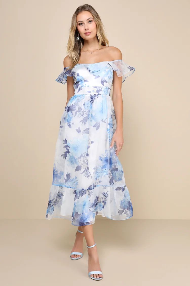 Sweet Composure White Floral Organza Off-the-Shoulder Midi Dress | Lulus
