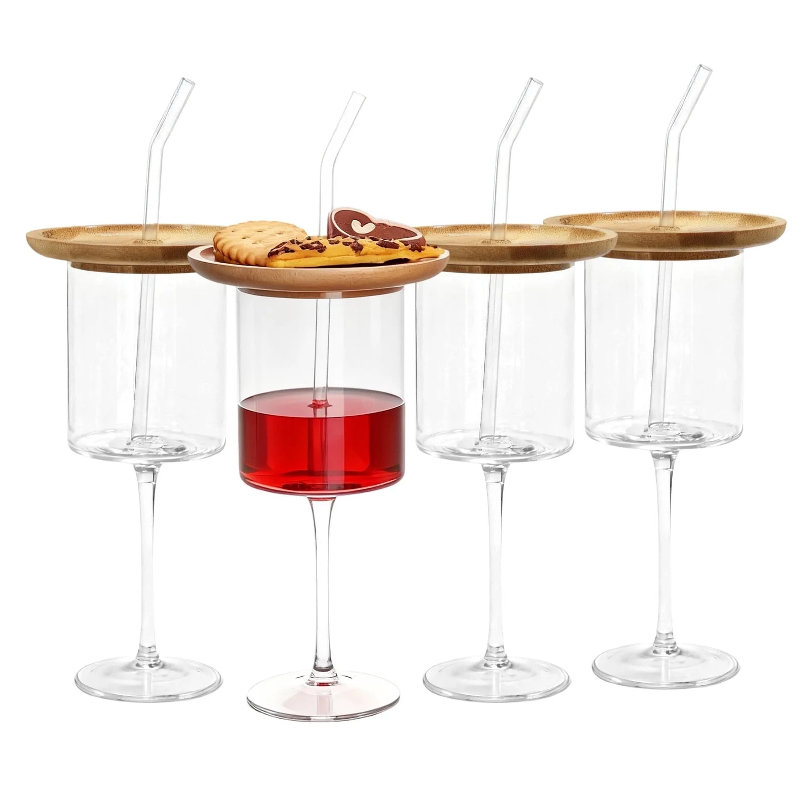 Nuptio Wine Glasses with Charcuterie Toppers -4PCS Wine Glasses Set with Straw and 4 Hole Bamboo ... | Walmart (US)