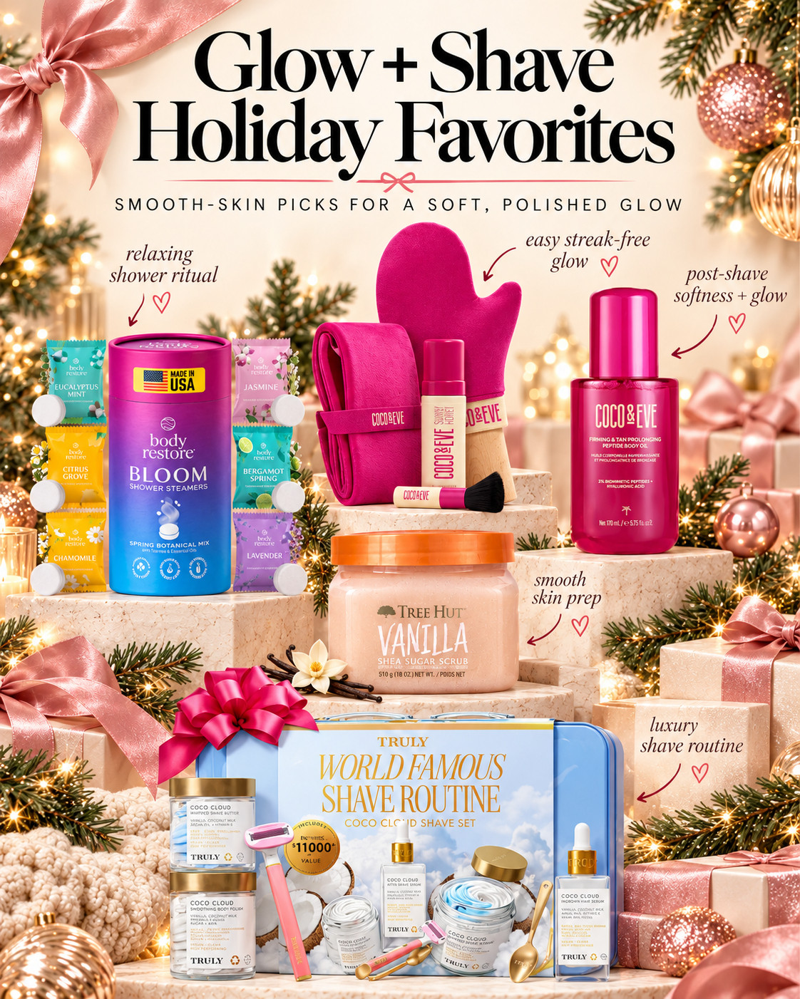 If “ridiculously soft, smooth + glowy” is the goal… start here. ✨🎀 These Amazon bodycare favorites turn an everyday shower + shave into the full everything-shower experience.

🚿 Body Restore Bloom Shower Steamers — an easy at-home spa moment  
🩷 @Coco & Eve Honey Self Tan Kit — easy, streak-free glow  
✨ Coco & Eve Firming & Tan-Prolonging Body Oil — soft, glossy post-tan hydration  
🍦 Tree Hut Vanilla Shea Sugar Scrub — exfoliating prep for smoother skin  
☁️ Truly Coco Cloud Shave Set — the full shave routine for an extra-soft finish  

Basically everything for smooth-skin season — plus they’re seriously cute self-care + beauty gift ideas.

📌 Save this for your next everything shower, winter bodycare routine + holiday beauty finds!

Everything is Linked! ↓

#LTKSaleAlert #LTKBeauty #LTKTravel