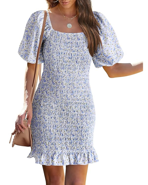 PRETTYGARDEN Women's 2024 Summer Floral Puff Sleeve Mini Dress Square Neck Ruffle Hem Bodycon Dre... | Amazon (US)