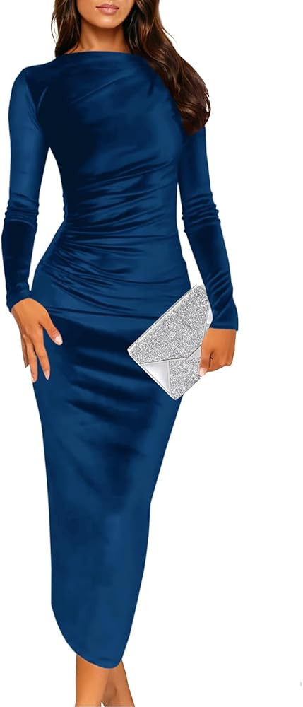 Wenrine Women's Velvet Bodycon Midi Dress Long Sleeve Ruched Elegant Cocktail Party Dresses | Amazon (US)