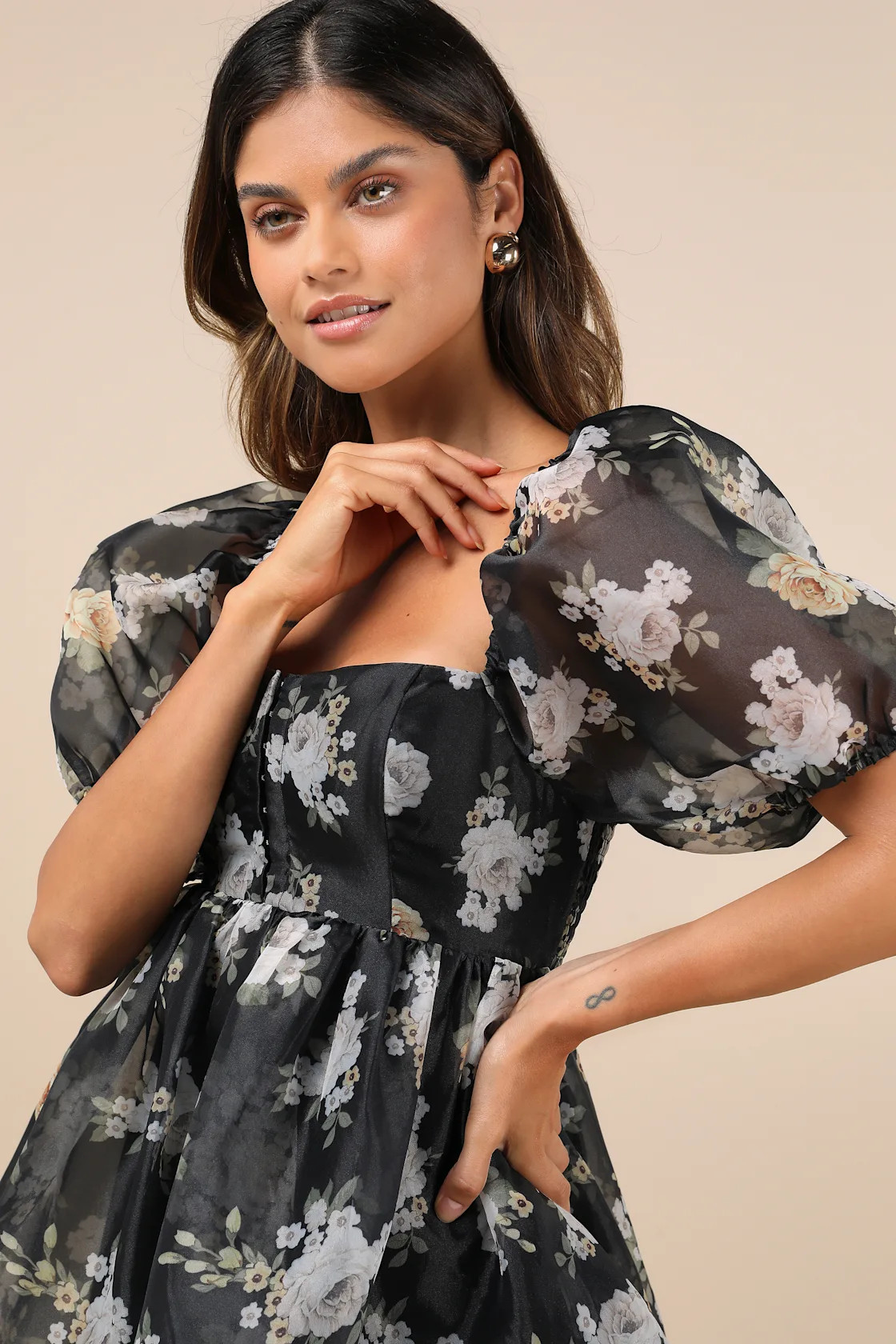 Desired Delight Black Floral Puff Sleeve Babydoll Mini Dress | Lulus