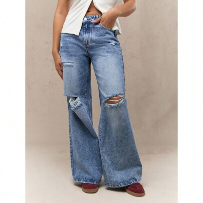 Washed Faded Mid Rise Distressed Wide Leg Jeans | SHEIN