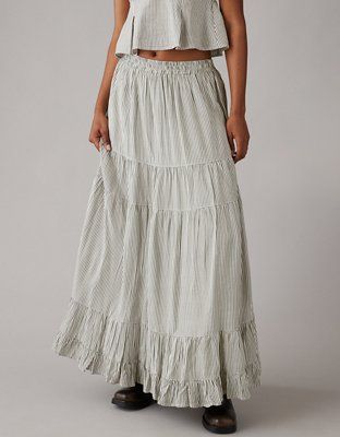 AE High-Waisted Striped Tiered Ruffle Hem Maxi Skirt | American Eagle Outfitters (US & CA)