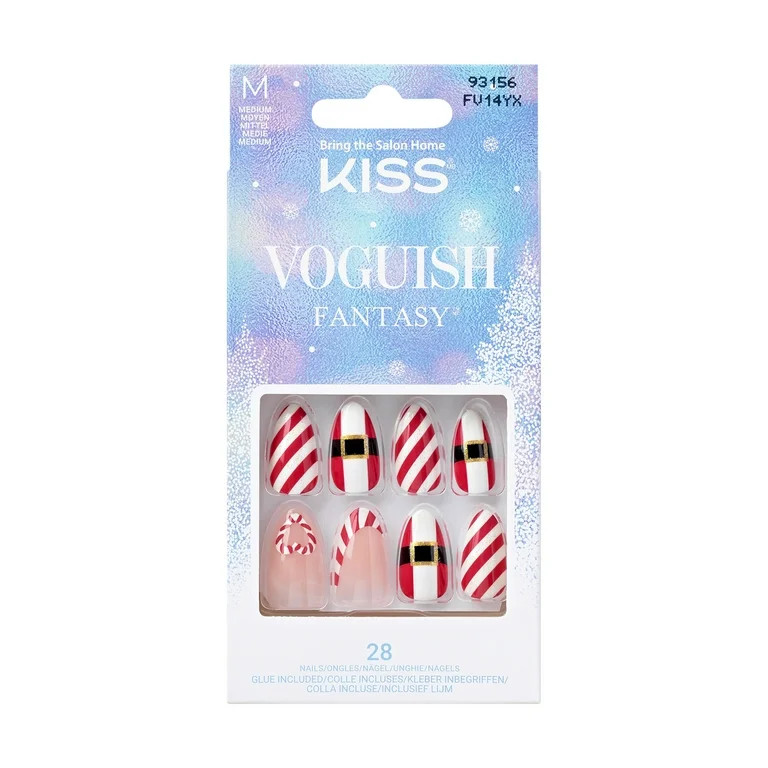 KISS Voguish Fantasy, Holiday Press on Nails, Jolly Jolly, Red, Medium Almond, 28 Count | Walmart (US)