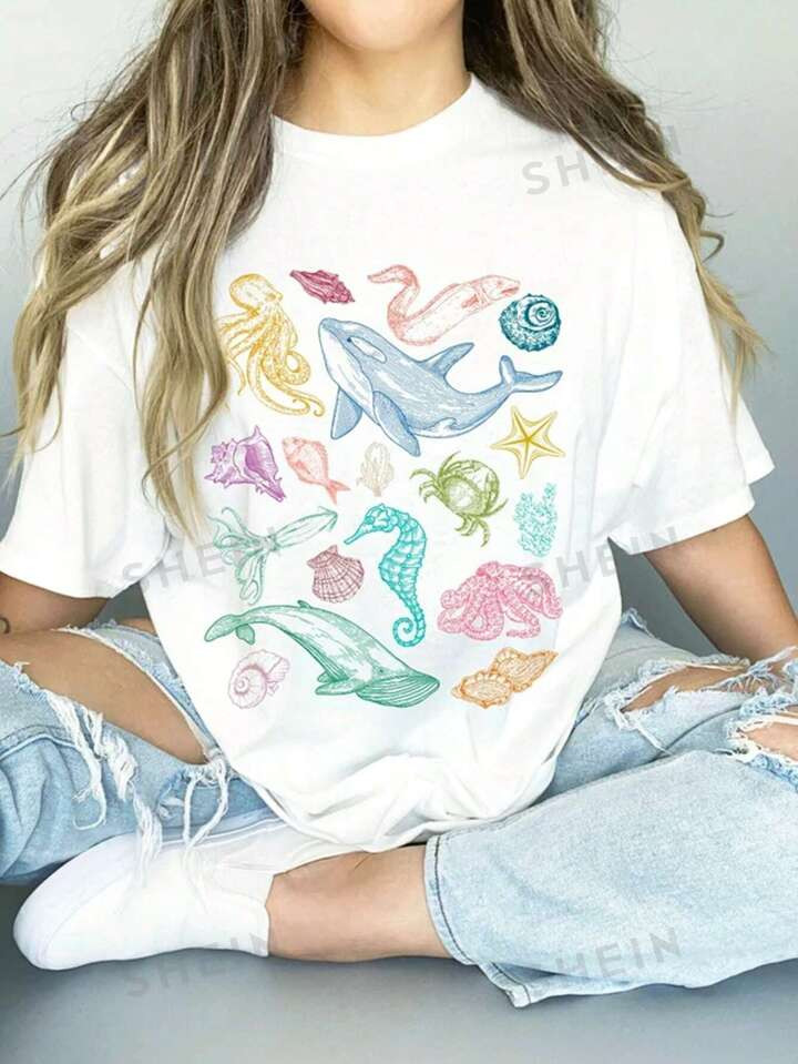 SHEIN EZwear Zomers losvallend casual T-shirt met oceaanwezenprint, ronde halslijn en verlaagde s... | SHEIN