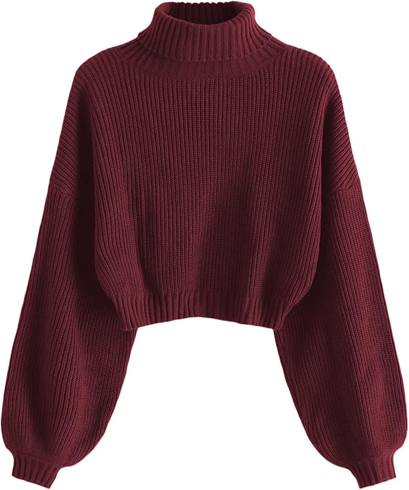 ZAFUL Women's Cropped Turtleneck Sweater Lantern Sleeve Ribbed Knit Pullover Sweater Jumper | Amazon (US)