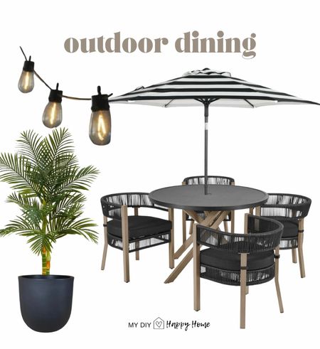 Outdoor dining 
Outdoor dining table 
Outdoor umbrella 
Palm tree 
Outdoor planter 
Outdoor string lights

#LTKHome #LTKSeasonal #LTKxWalmart