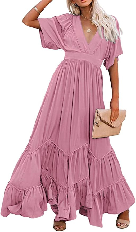 CHARTOU Women's Boho Ruffle Sleeve Flowy Maxi Dress Lace Up Back Tiered Party A Line Dress | Amazon (US)