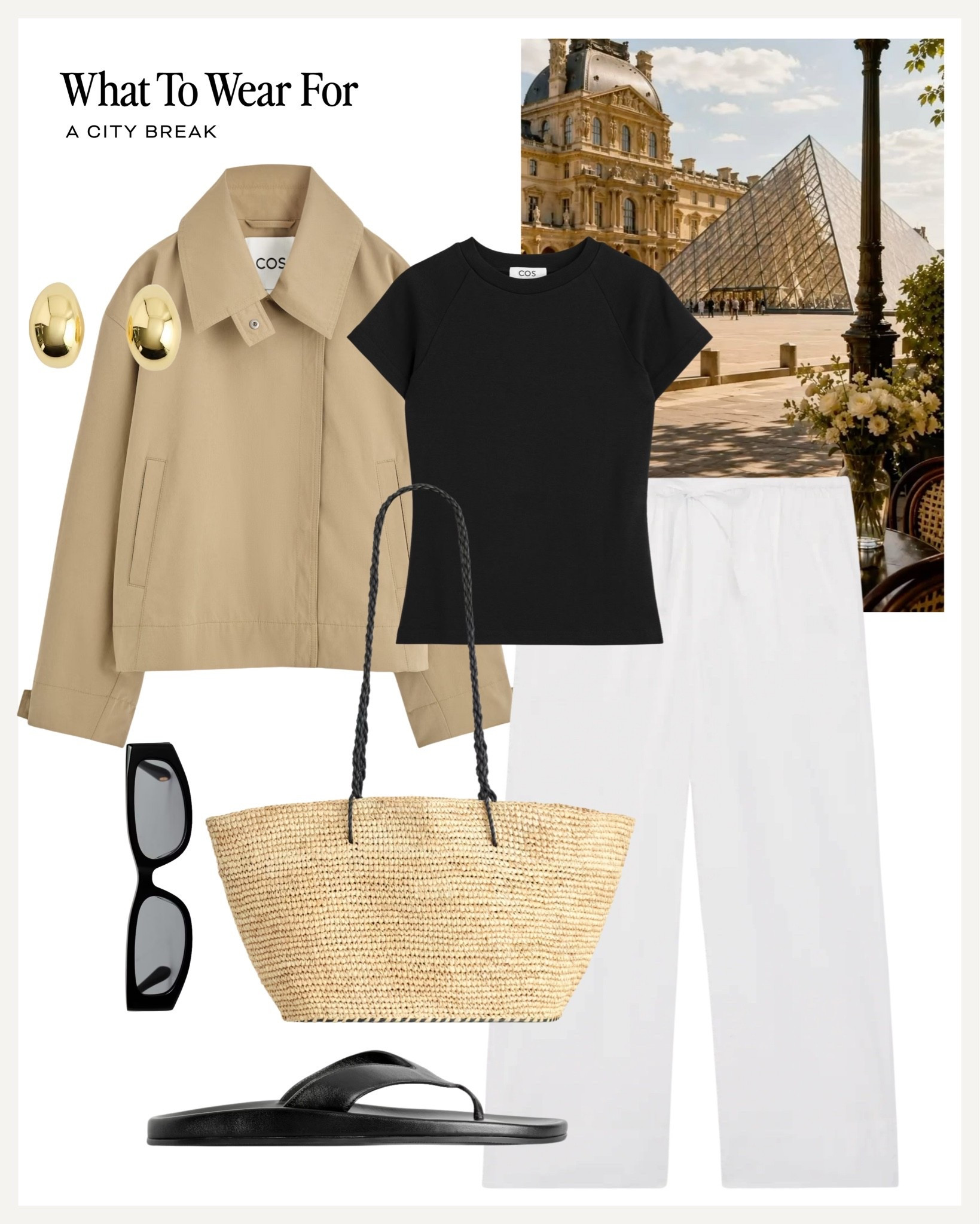 A city break 🏙️ 

White linen trousers, short trench, cos fashion, straw bag, transitional style, summer to autumn outfit

#LTKautumn #LTKsummer #LTKuk