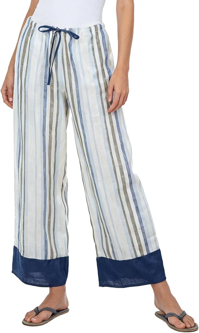 Amazhiyu Women's 100% Linen Wide Leg Pants Striped Summer Casual Elastic Waist Blue, Medium at Am... | Amazon (US)