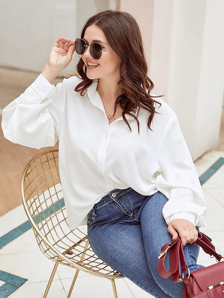 Plus Bishop Sleeve Button Up Blouse | SHEIN