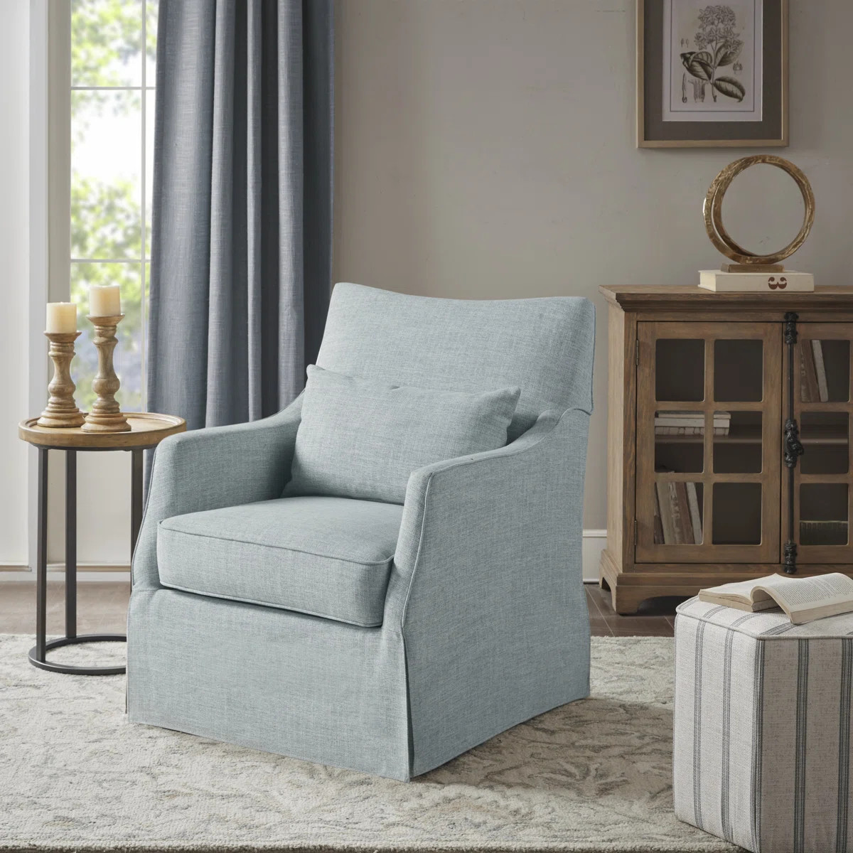 Bedford London Upholstered Skirted Swivel Armchair with Lumbar Pillow | Wayfair North America