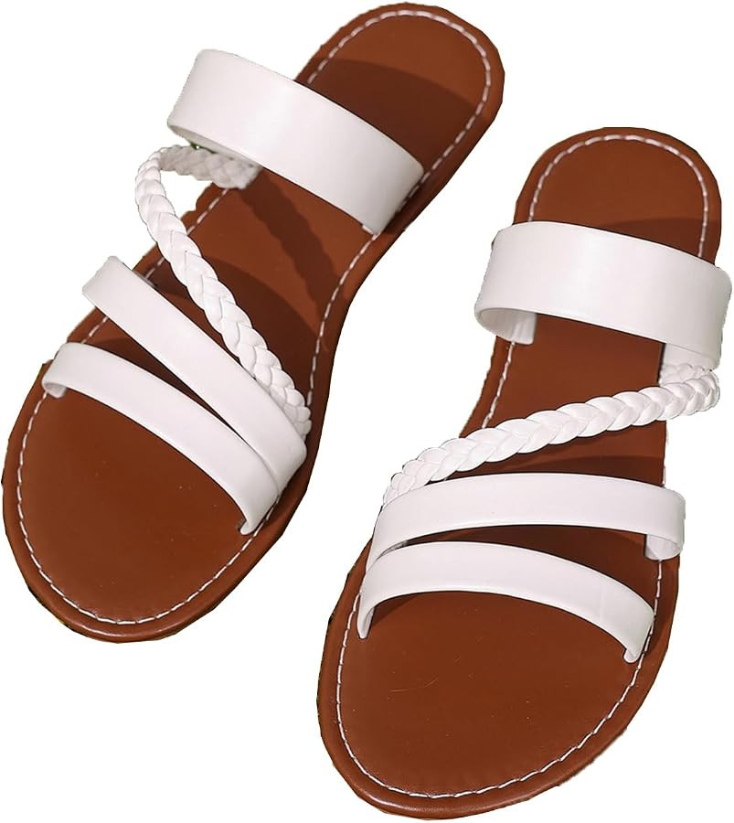 Sksshion Women's Braided Strappy Sandals Slip On Flat Open Toe Slides Summer Slippers | Amazon (US)
