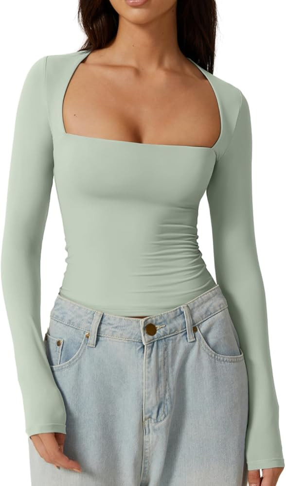 QINSEN Women's Sexy Square Neck Shirt Long Sleeve Double Lined Tees Fitted Going Out Tops | Amazon (US)
