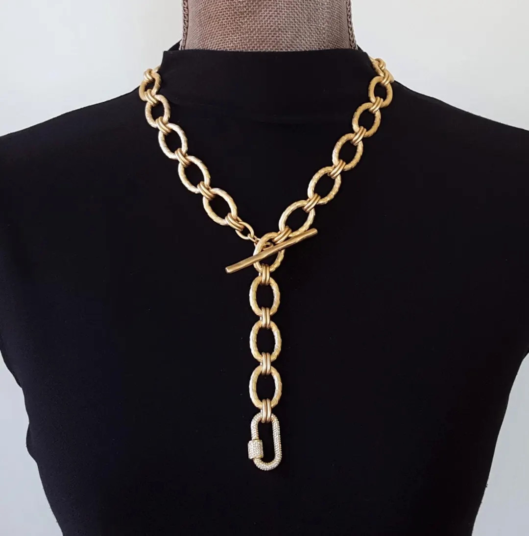 LUXE Chunky Chain Necklace, Pave Carabiner Jewelry, Long Gold Chain Necklace Chunky, Convertible ... | Etsy (US)