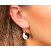 Ying Yang Earrings, Gold Hoops, Yin Yang Charm Hoop Earring, 925 Sterling Silver Earrings, Black & White Huggies | Etsy (US)