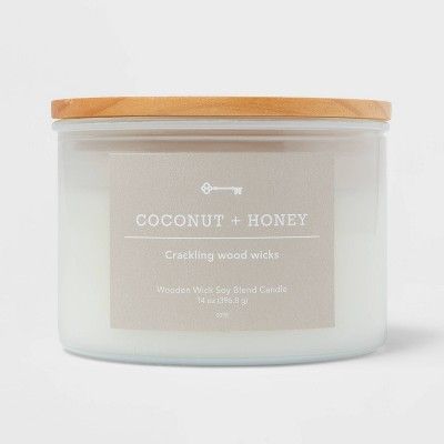 Milky White Glass Candle with Wood Lid and Stamped Logo Coconut and Honey - Threshold™ | Target