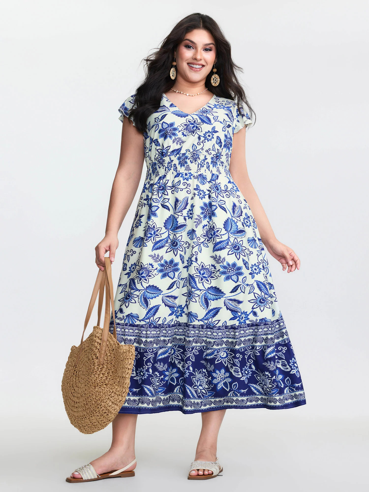 Floral Print Ruffled Sleeve Embroidered Midi Dress | Bloomchic