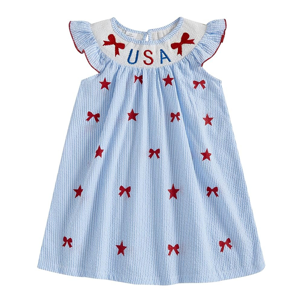 MoZiKQin 4th of July Baby Girl Outfit Toddler USA Dress Ruffle Sleeve American Flag Smocked Dress... | Amazon (US)