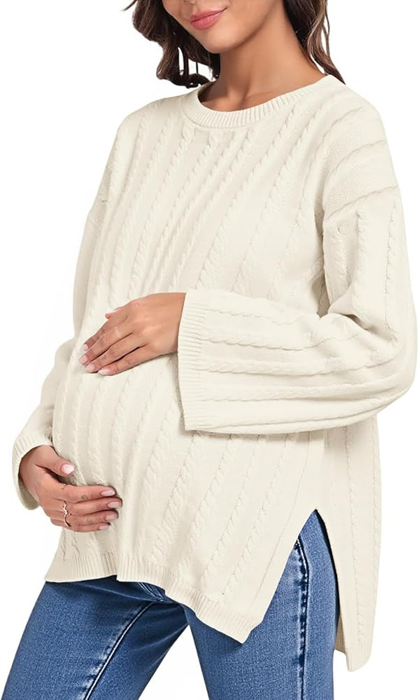 Saodimallsu Womens Maternity Sweater Tops Casual Cable Knit Crewneck Long Sleeve Split Fall Pullo... | Amazon (US)