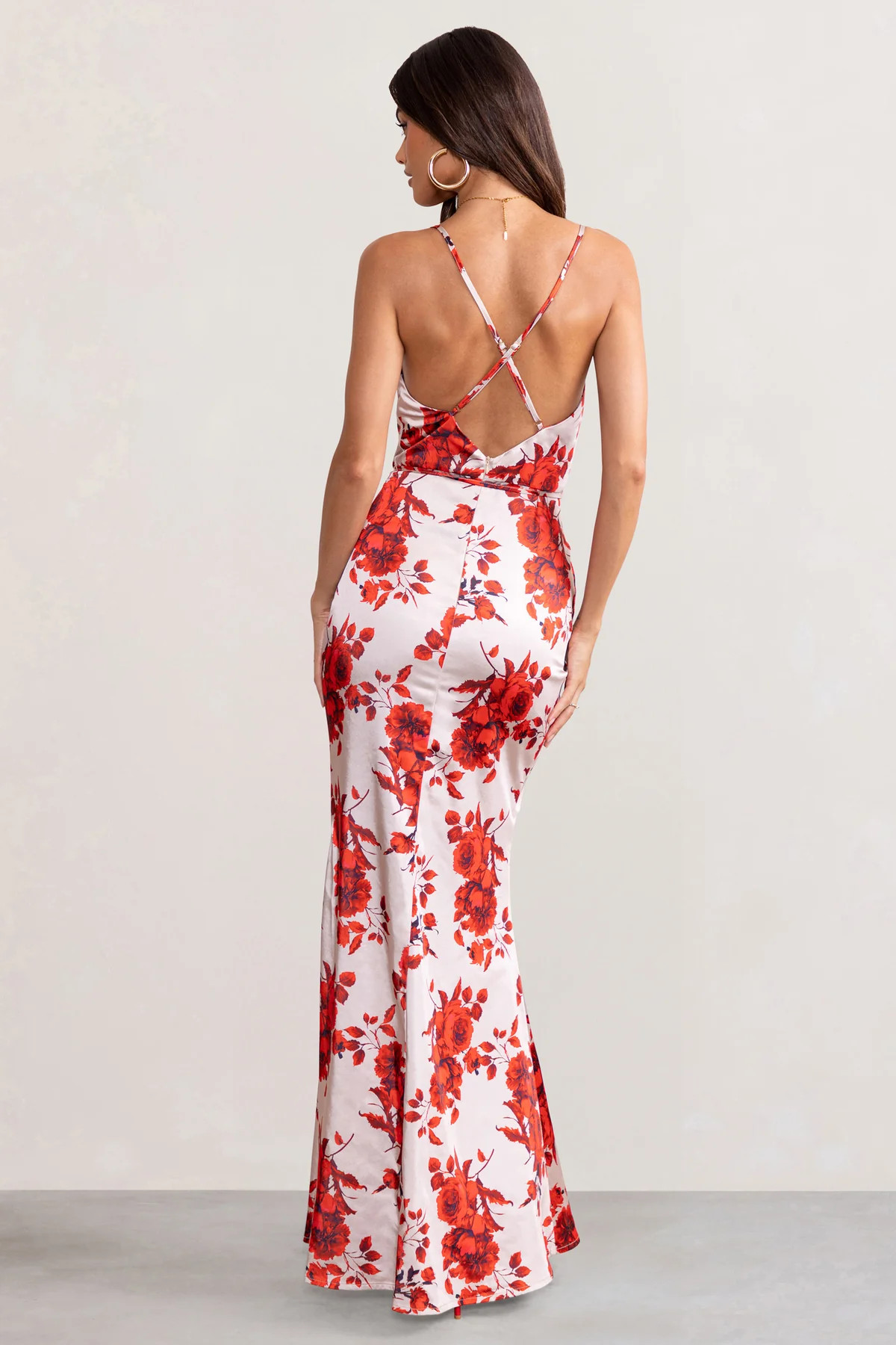 Fairy Tale | Champagne Floral Print Cowl Neck Satin Maxi Dress with Waist Tie | Club L London