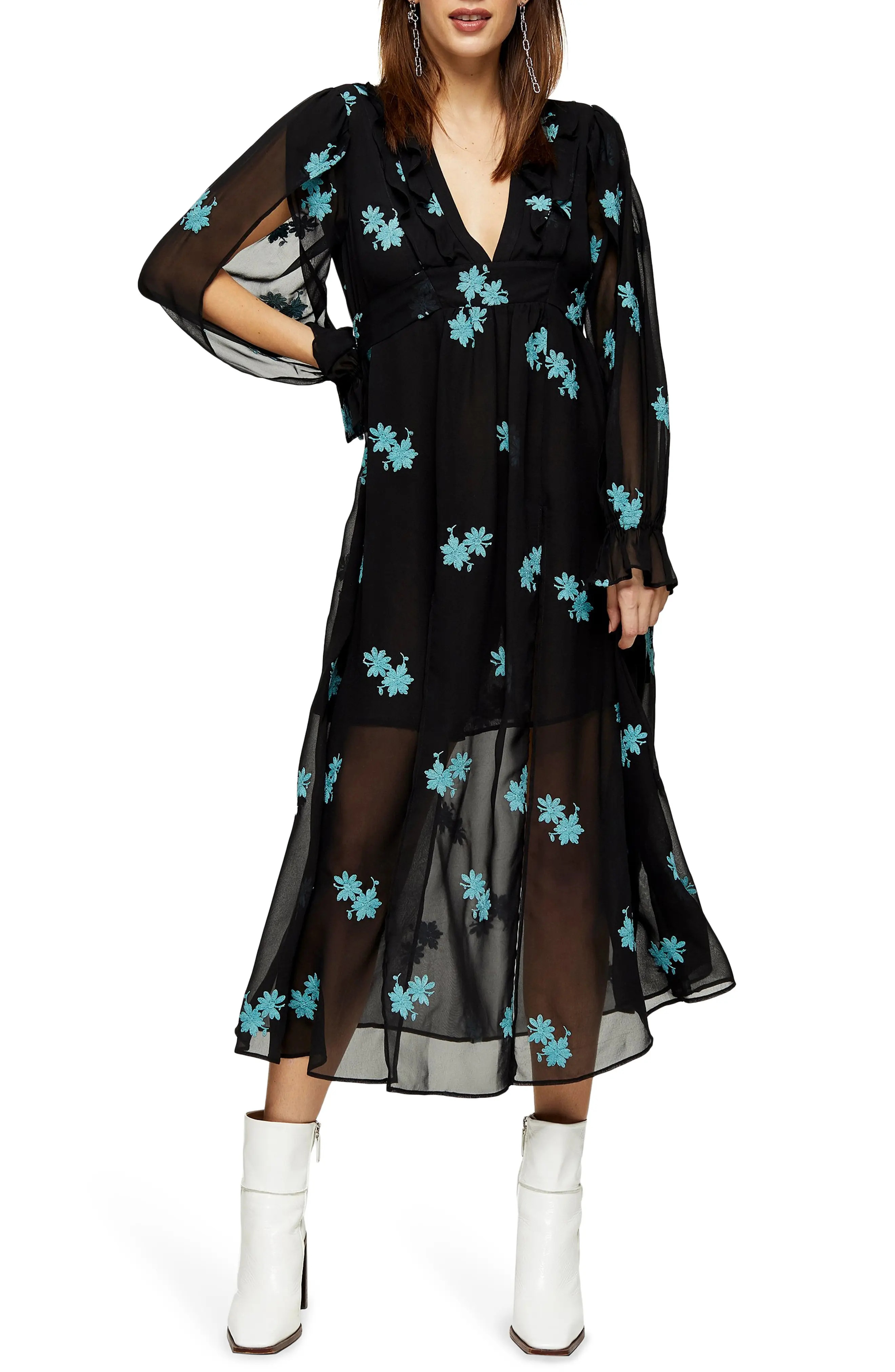 TOPSHOP IDOL Embellished Floral Long Sleeve Midi Dress at Nordstrom Rack | Nordstrom Rack