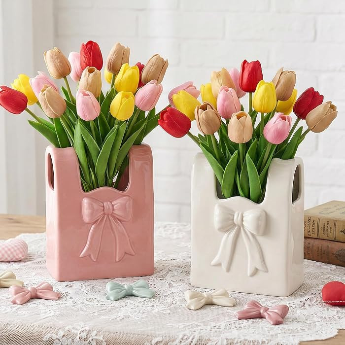 2 Pcs Pink Bow Vase Ceramic Vase Pink and White Vase Makeup Brush Pen Holder Valentine's Day Gift... | Amazon (US)