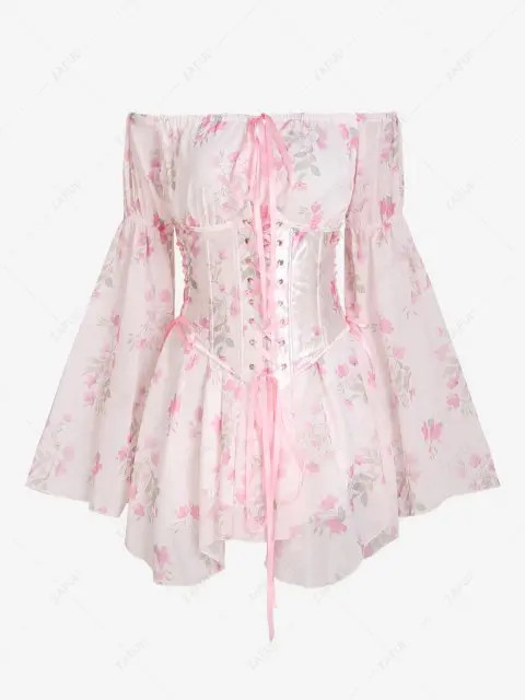 Off Shoulder Floral Print High Waist Long Flare Sleeves Dress With Lace Up Corset Belt | ZAFUL (Global)