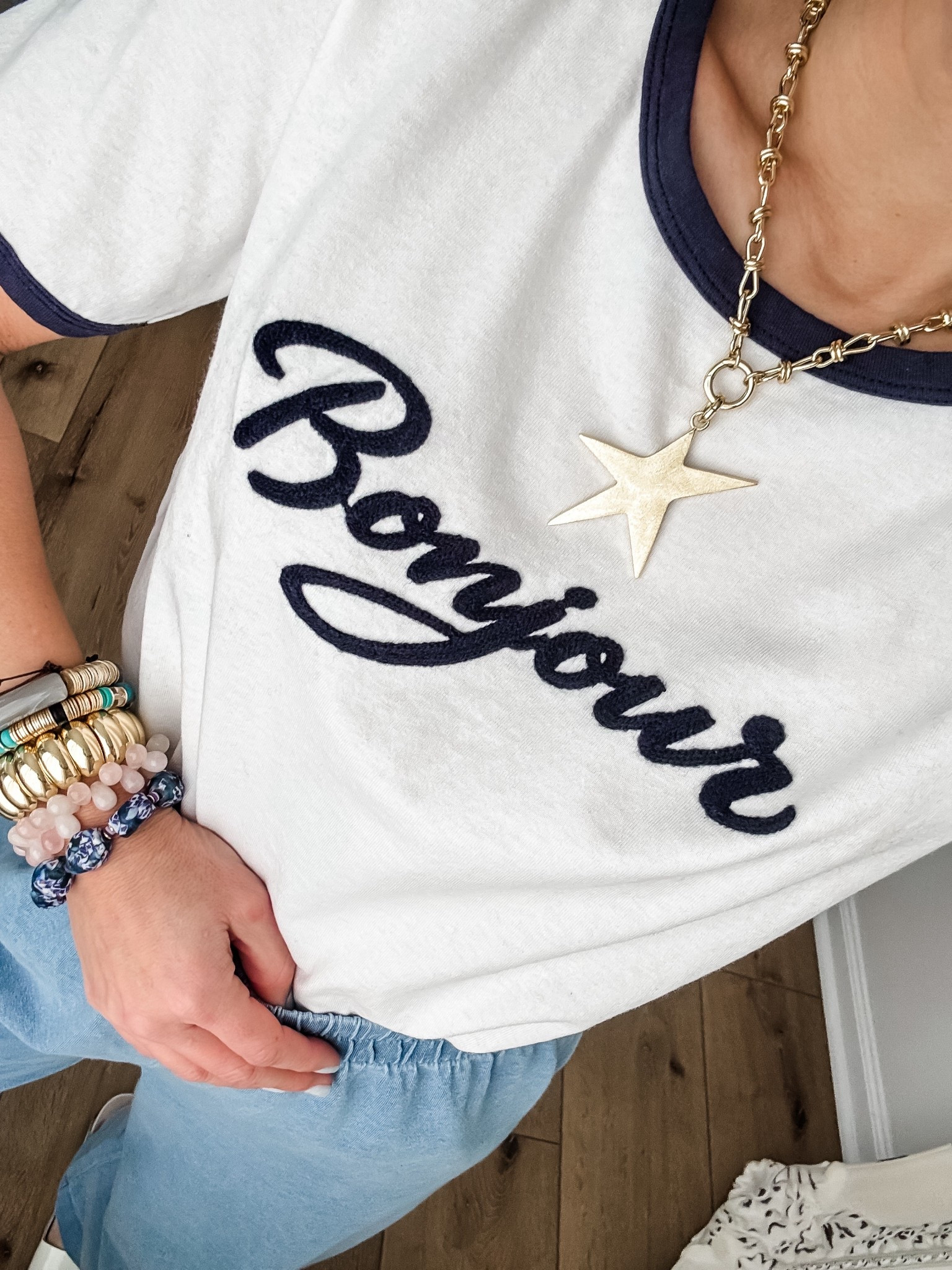 .Jeans 24 (sized down). Blue pants small. Sweaters small. Button-down shirt XS. Graphic tee small. Birkenstocks TTS. Jewelry code HOUSEOFLEO20. Star necklace, beaded bracelets, bracelet stack.





#LTKOver40
