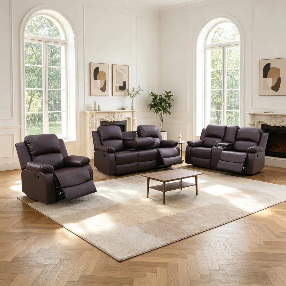 3 Piece Vegan Leather Manual Reclining Living Room Sofa Set | Wayfair North America