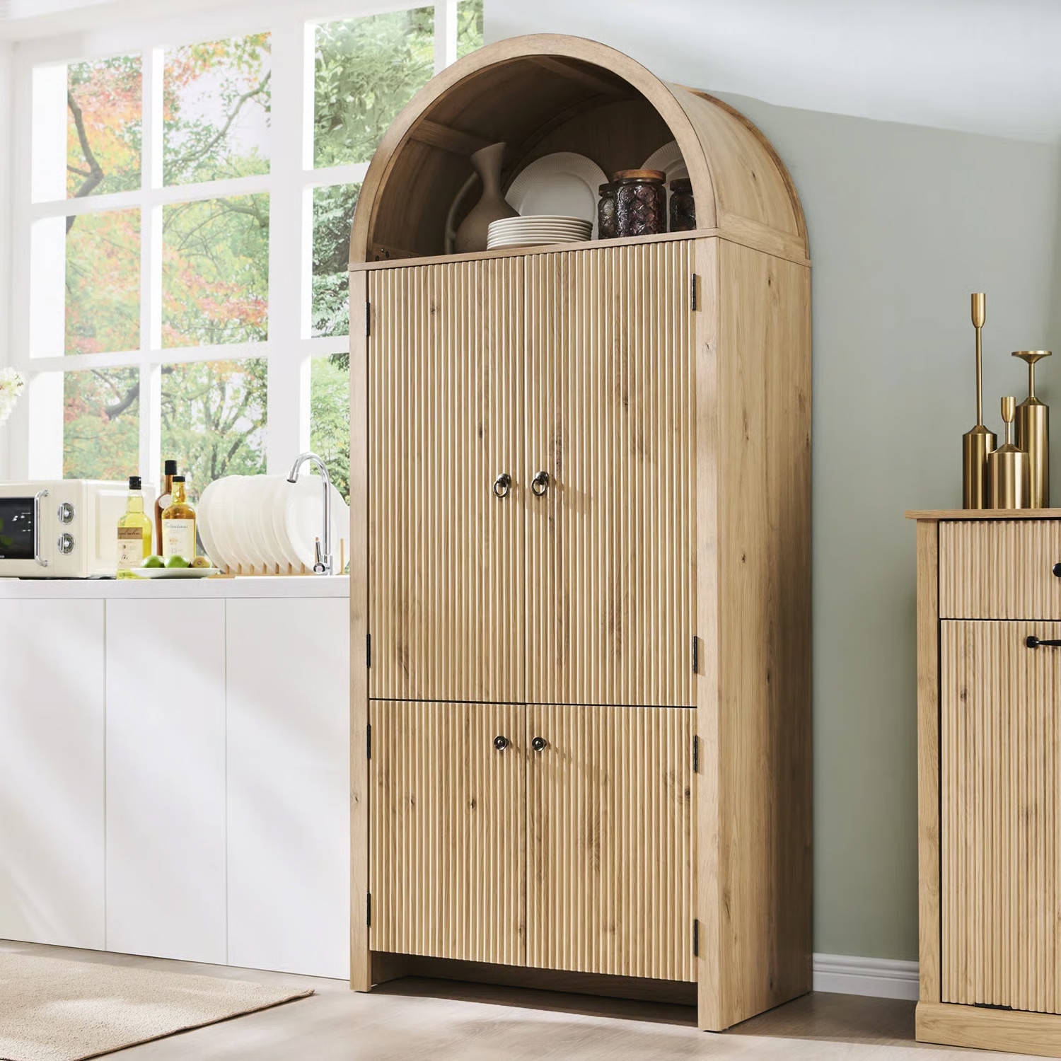 Winston Porter 71 inch high arched kitchen pantry, modern wooden storage cabinets with door slots... | Wayfair North America
