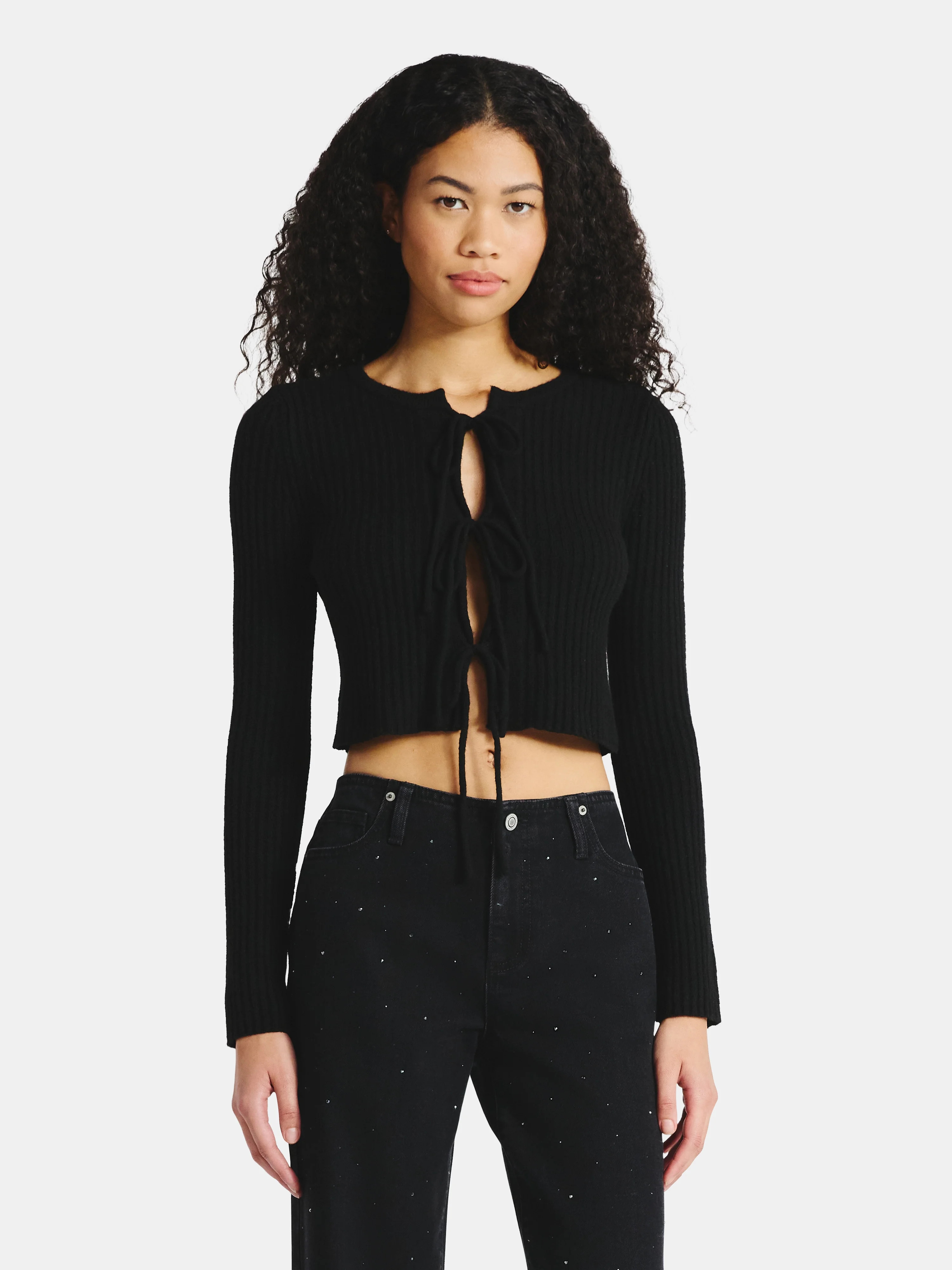 No Boundaries Bow-Tie Ribbed Cardigan, Women's | Walmart (US)