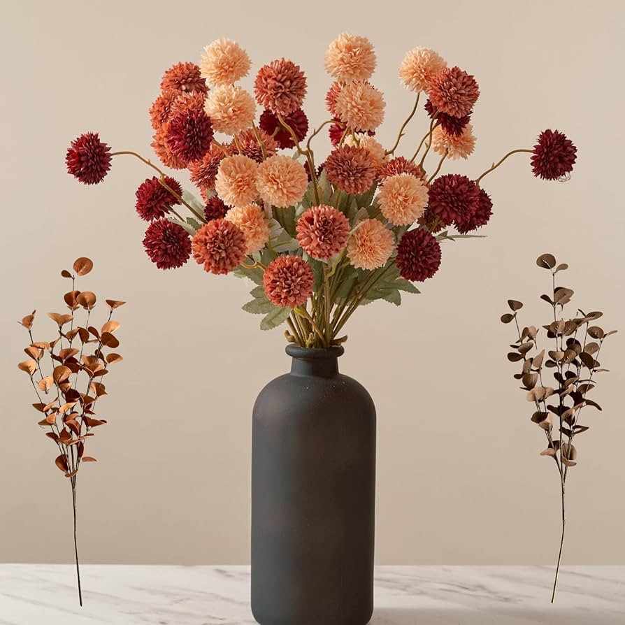 Fall Flowers, Burnt Orange Faux Kiku Flowers Artificial 10 Stems + Eucalyptus, Assorted Fake Silk... | Amazon (US)