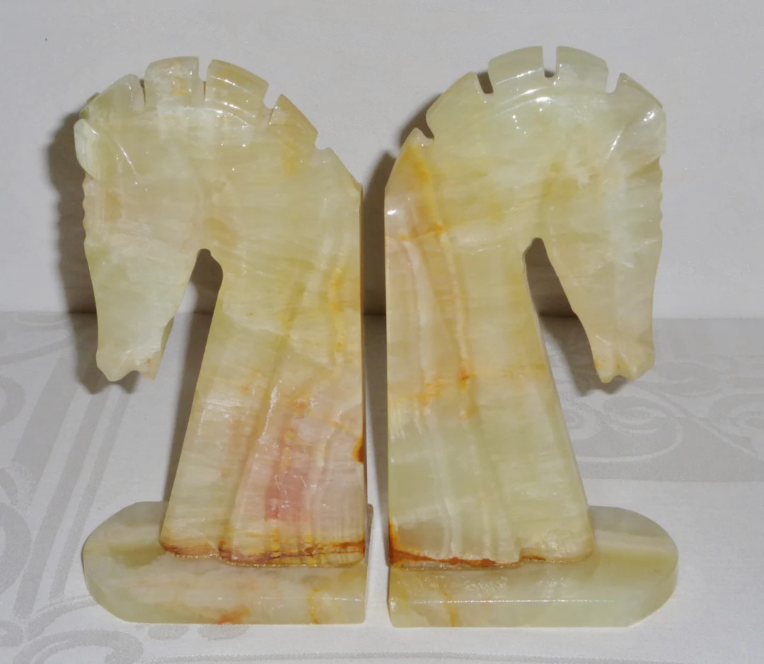 Vintage Pair Onyx Alabaster Trojan Horse Head Bookends Carved Stone 8 - Etsy | Etsy (US)