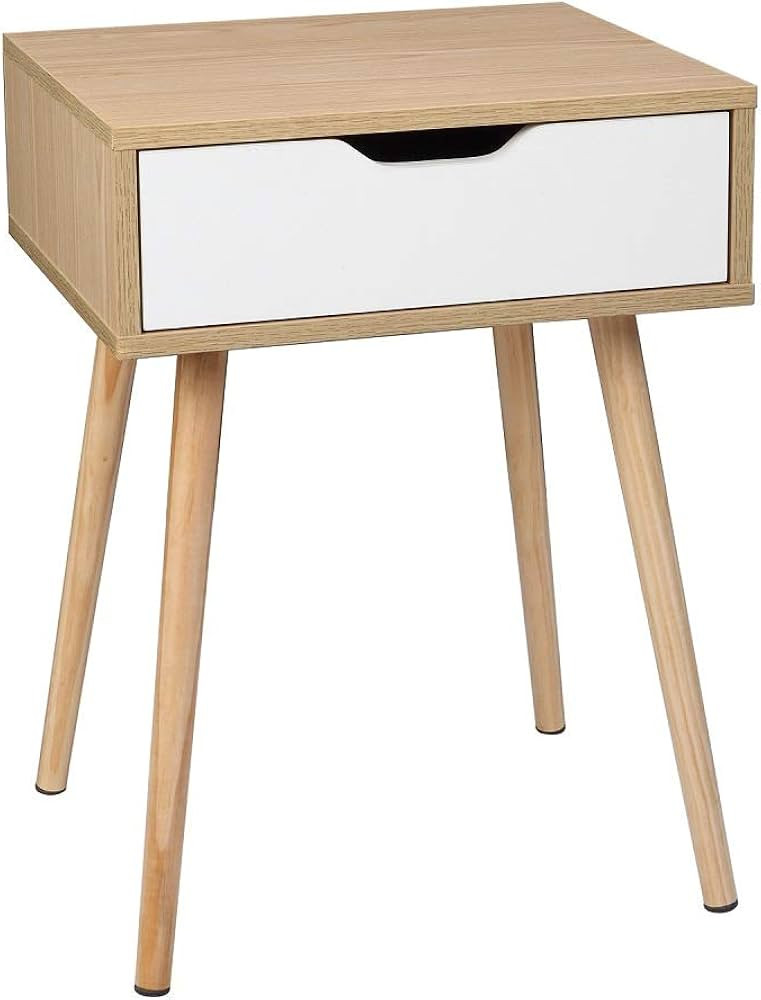 Bonnlo White & Nature Wood Nightstand End Side Table with Drawer & Solid Wood Legs for Living Roo... | Amazon (US)