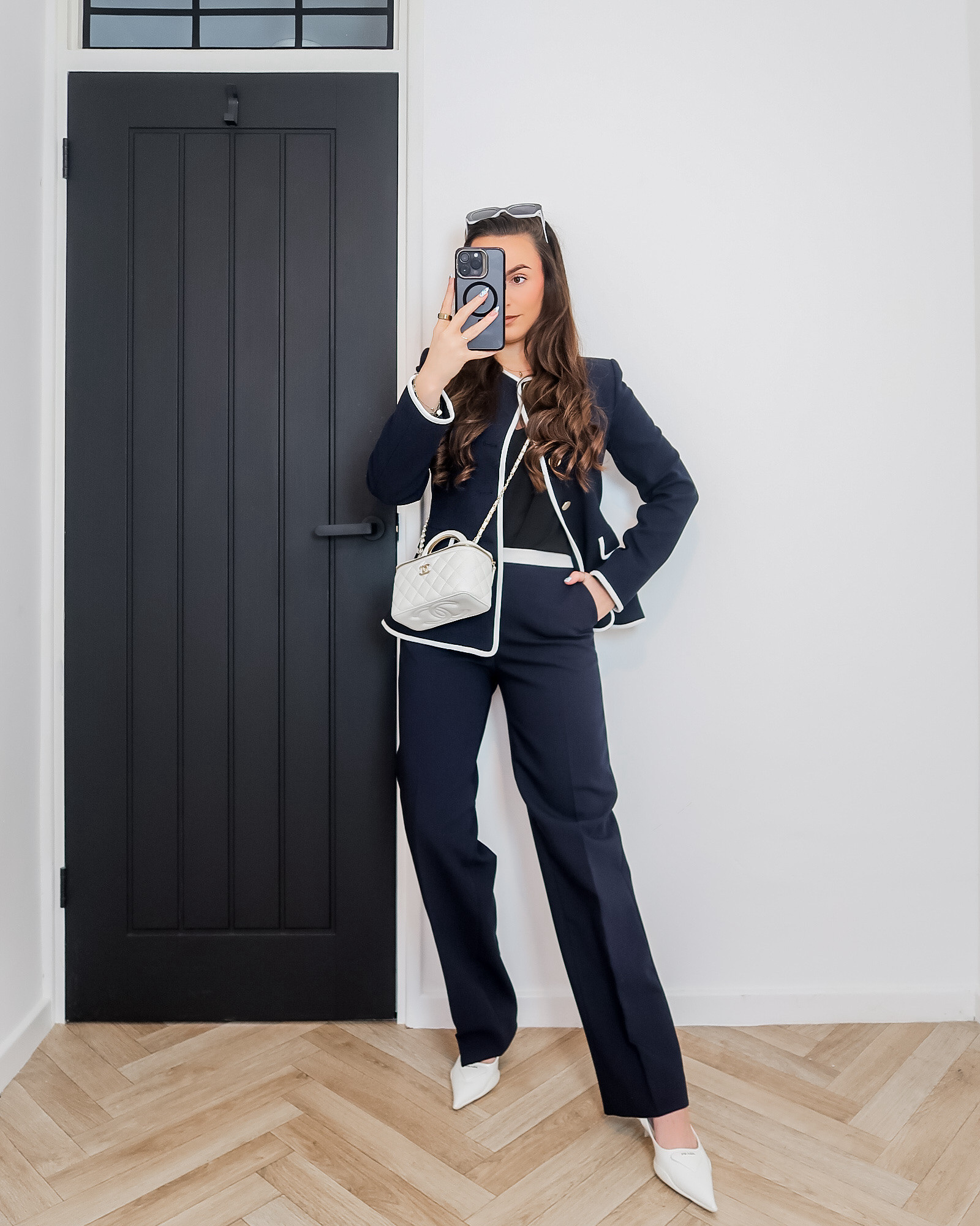 Zara navy suit set, contrast waistband trousers Zara, contrast trim blazer Zara, black chiffon cami outfit, white Prada slingbacks, Chanel vanity bag white, tailored co ord outfit, smart chic style, monochrome outfit ideas 

Refs for you: trousers 8316/595, blazer 8657/599 

#LTKeurope #LTKspring #LTKuk
