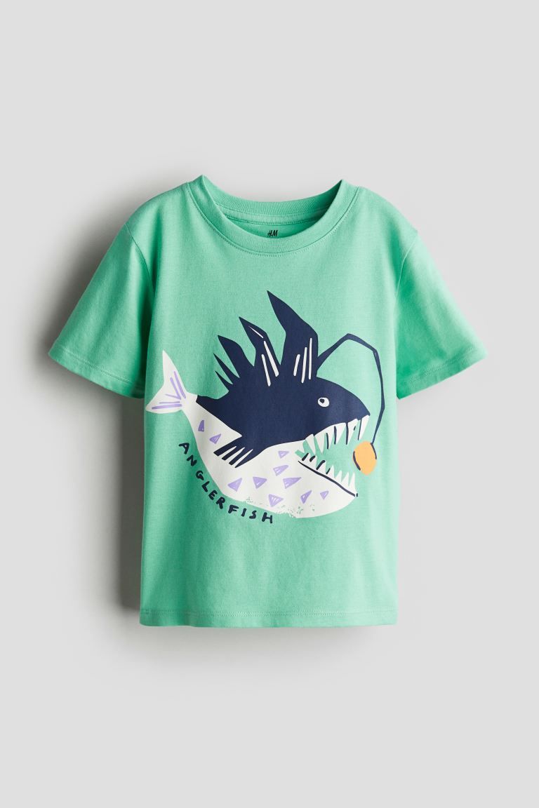 Printed T-shirt - Round Neck - Short sleeve - Green/anglerfish - Kids | H&M US | H&M (US + CA)