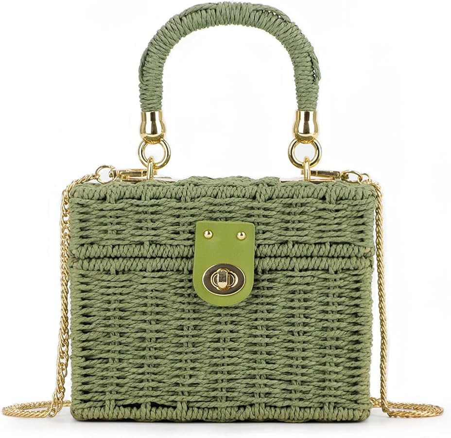 Women Handwoven Rattan Handbag Beach Straw Tote Bag Square Boho Crossbody Bag | Amazon (US)