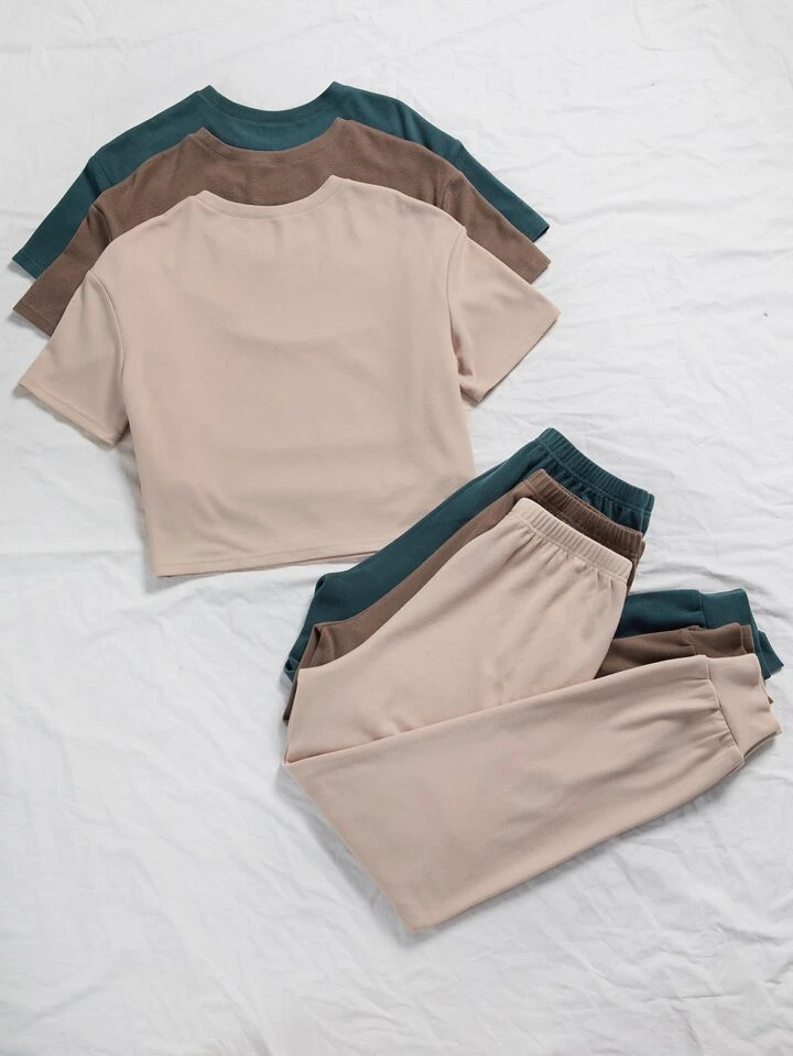 3 sets Camiseta unicolor & con cordón delantero Pantalones Set homewear | SHEIN