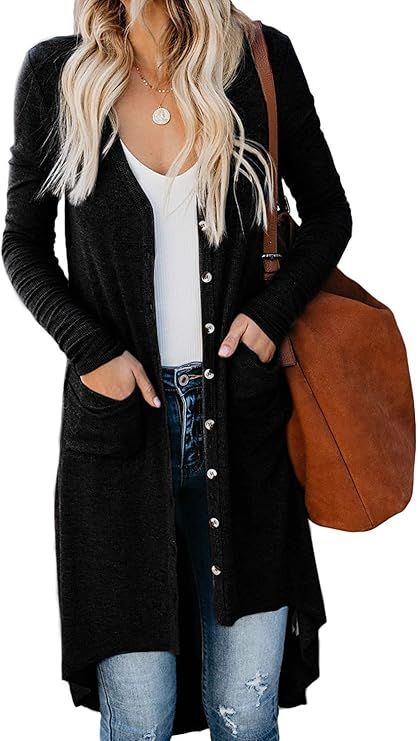 Naggoo Women's Long Cardigans Button Down High Low Solid Knit Loose Cardigans with Pockets | Amazon (US)