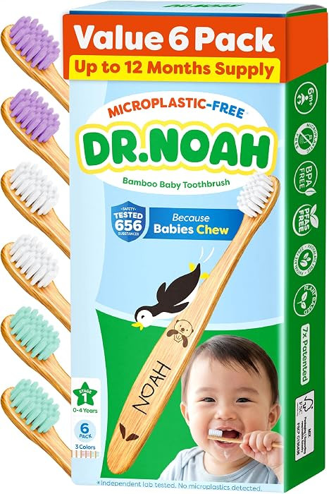 Dr. Noah Microplastic-Free Bamboo Baby Toothbrush, Dentist Designed, 6 Pack | Amazon (US)