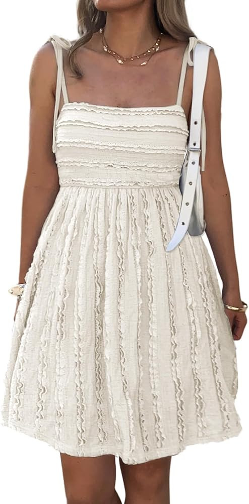 Summer Mini Dress Square Neck Sleeveless Sundress with Spaghetti Strap Flowy A Line Casual Cute V... | Amazon (US)