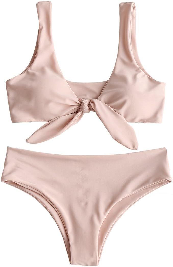 ZAFUL Womens Solid Color Strap Padded Front Knot Bikini Set | Amazon (US)