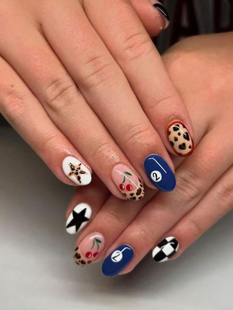 24pcs Oval Double Ball Nail Stickers, Multiple Patterns Available Such As Leopard, Stripe, Cherry Star, French Acrylic Press-On Nail Stickers, Perfect Fit For Fingertips, Set Includes: 1 Bottle Of Gel Polish And 1 Nail File. This Short 8-Ball Nail Sticker Set Makes Your Fingertips Shine Brilliantly, Suitable For Parties, Dancing And Daily Use. Nails Nail Supplies | SHEIN