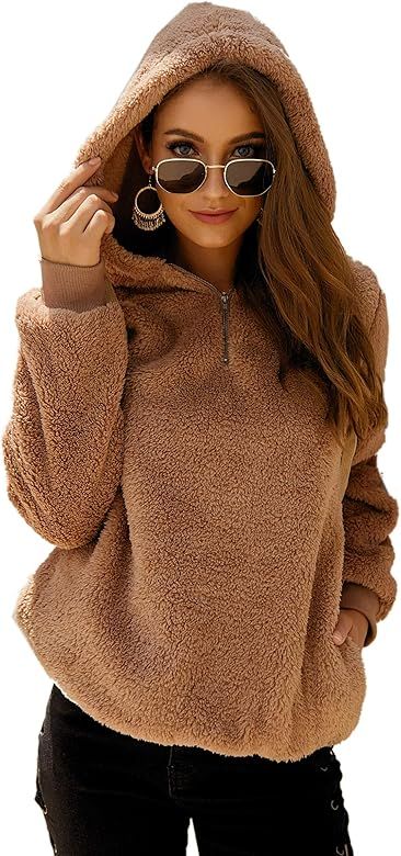 Womens Long Sleeve Half Zip Fuzzy Fleece Pullover Jacket Outwear Sweatshirt Tops Coat with Pocket | Amazon (US)