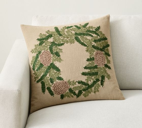Pinecone Wreath Embroidered Pillow | Pottery Barn (US)